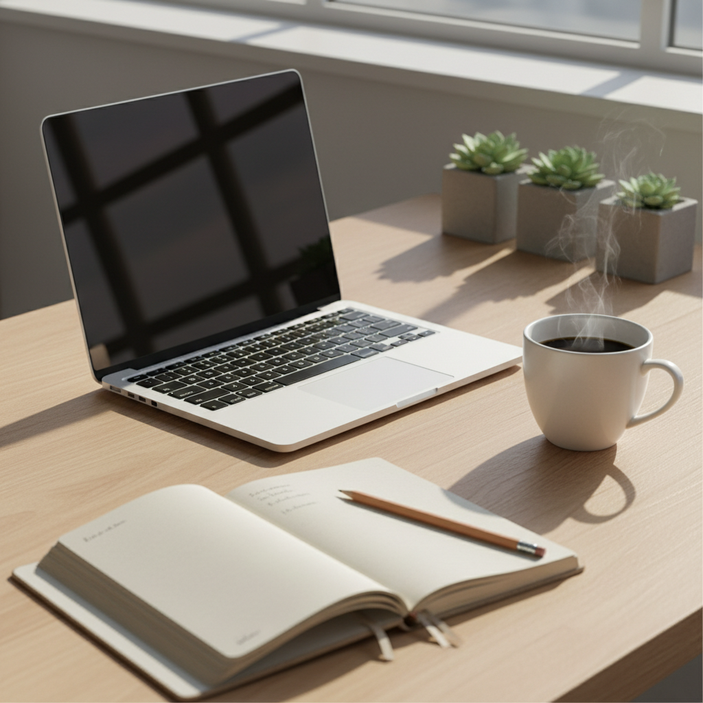 부드러운 아침 햇살이 비치는 밝은 원목 책상 위에 놓인 최신형 노트북과 펼쳐진 리넨 소재의 노트, 그리고 김이 모락모락 나는 하얀색 세라믹 커피잔이 조화를 이루는 미니멀한 작업 공간.