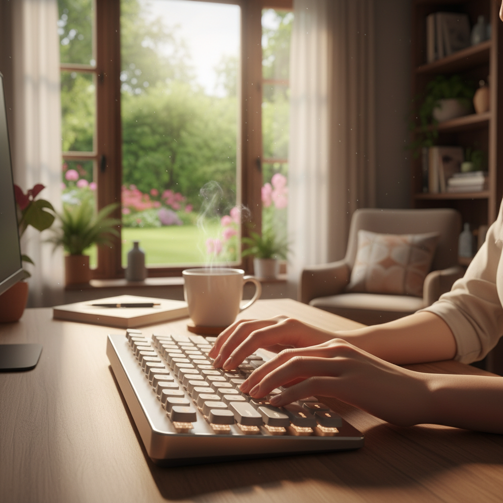 따뜻한 조명이 켜진 아늑한 방에서 창밖의 초록색 정원을 배경으로 타이핑 중인 손과 백라이트가 들어오는 기계식 키보드의 감각적인 풍경.
