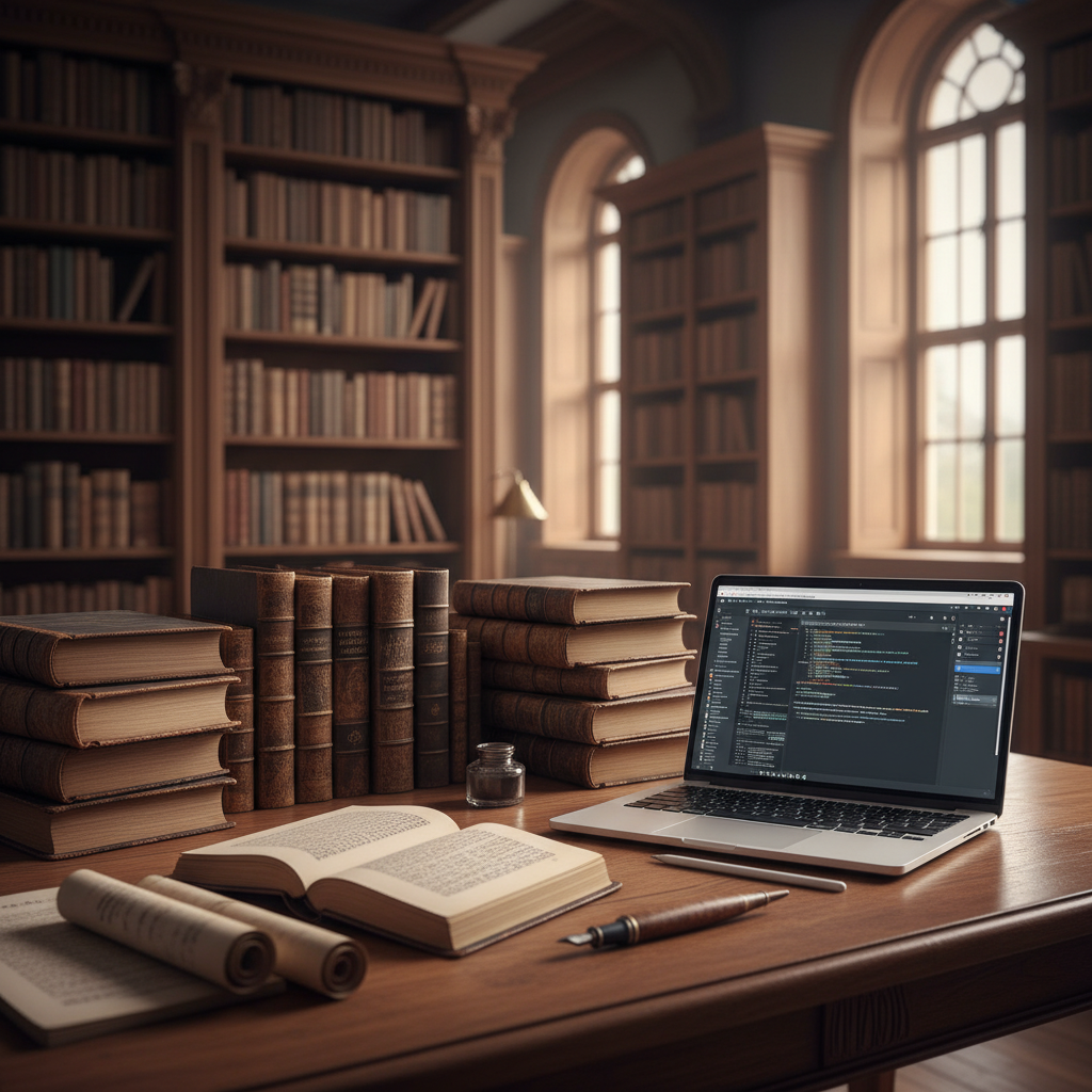 오래된 고서들이 가지런히 쌓인 도서관의 나무 책상 위에서 화면에 텍스트가 가득 찬 노트북이 열려 있는 과거와 현대가 공존하는 글쓰기 현장.
