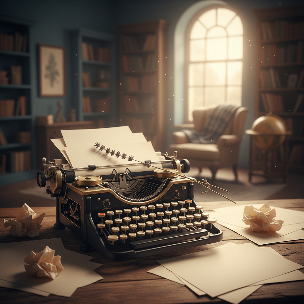 빈티지한 타자기 위에 흩뿌려진 빈 종이들과 말린 라벤더 한 줄기가 놓인 클래식하고 영감을 주는 작가의 작업실 풍경.