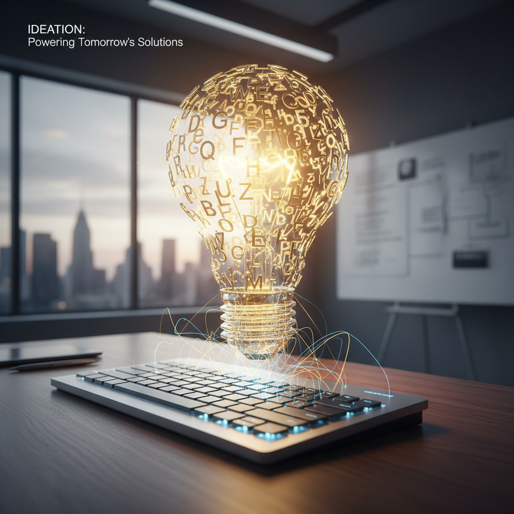 현대적인 키보드 위로 반짝이는 알파벳 글자들이 공중에 떠올라 전구 모양을 형성하는 창의적인 아이디어의 탄생을 상징하는 개념적인 이미지.